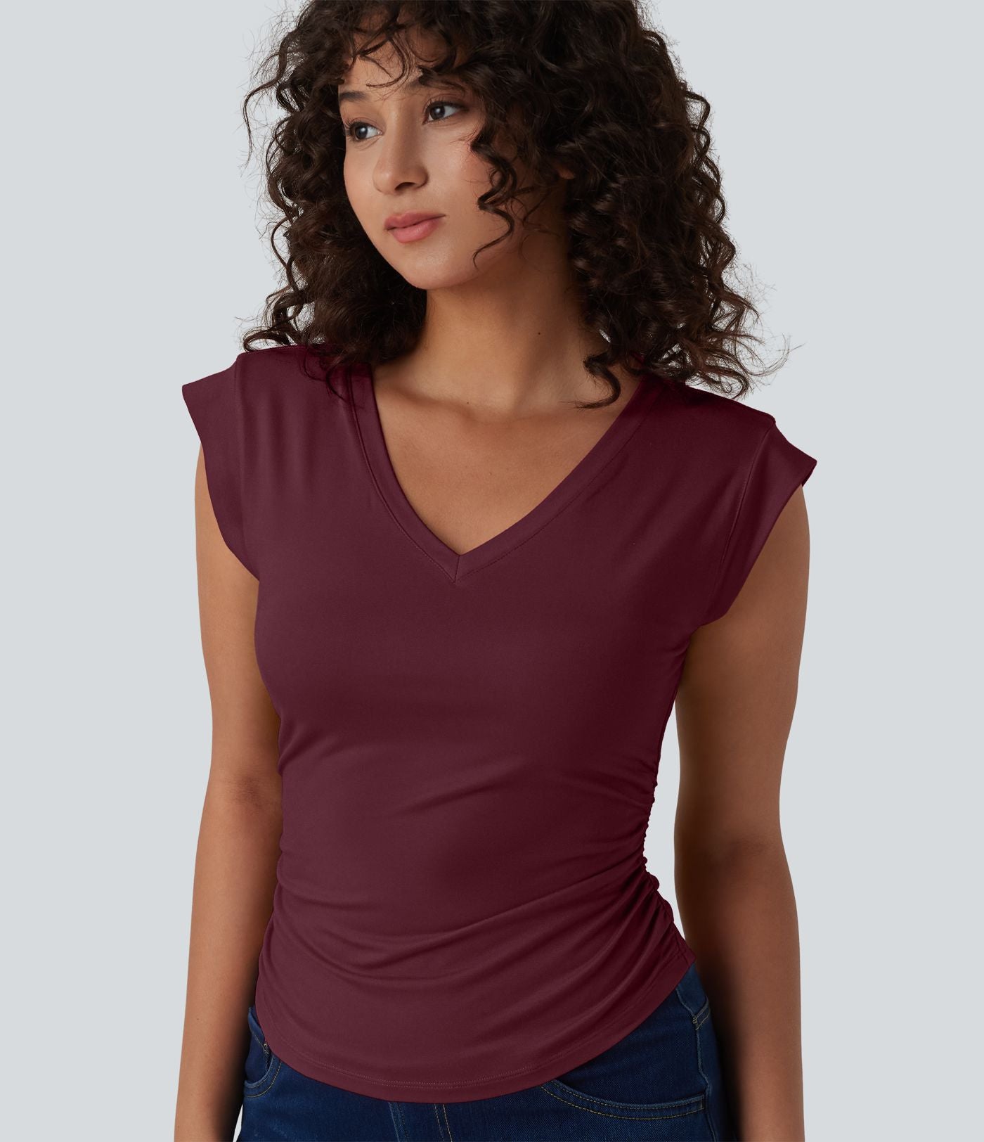 T-shirt décontracté col V manches courtes ourlet arrondi froncé
