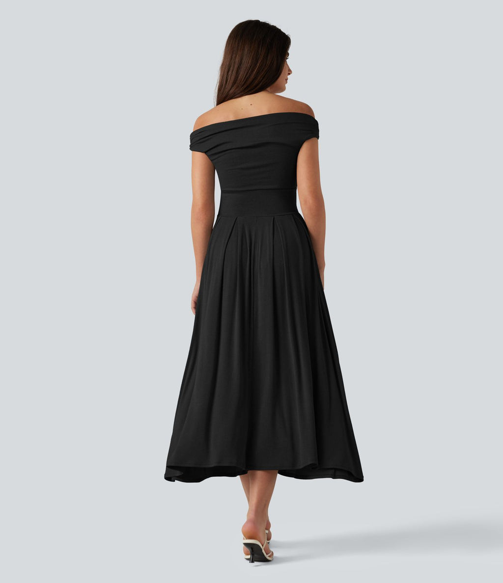 Robe midi casual fluide côtelée gainante à épaules dénudées