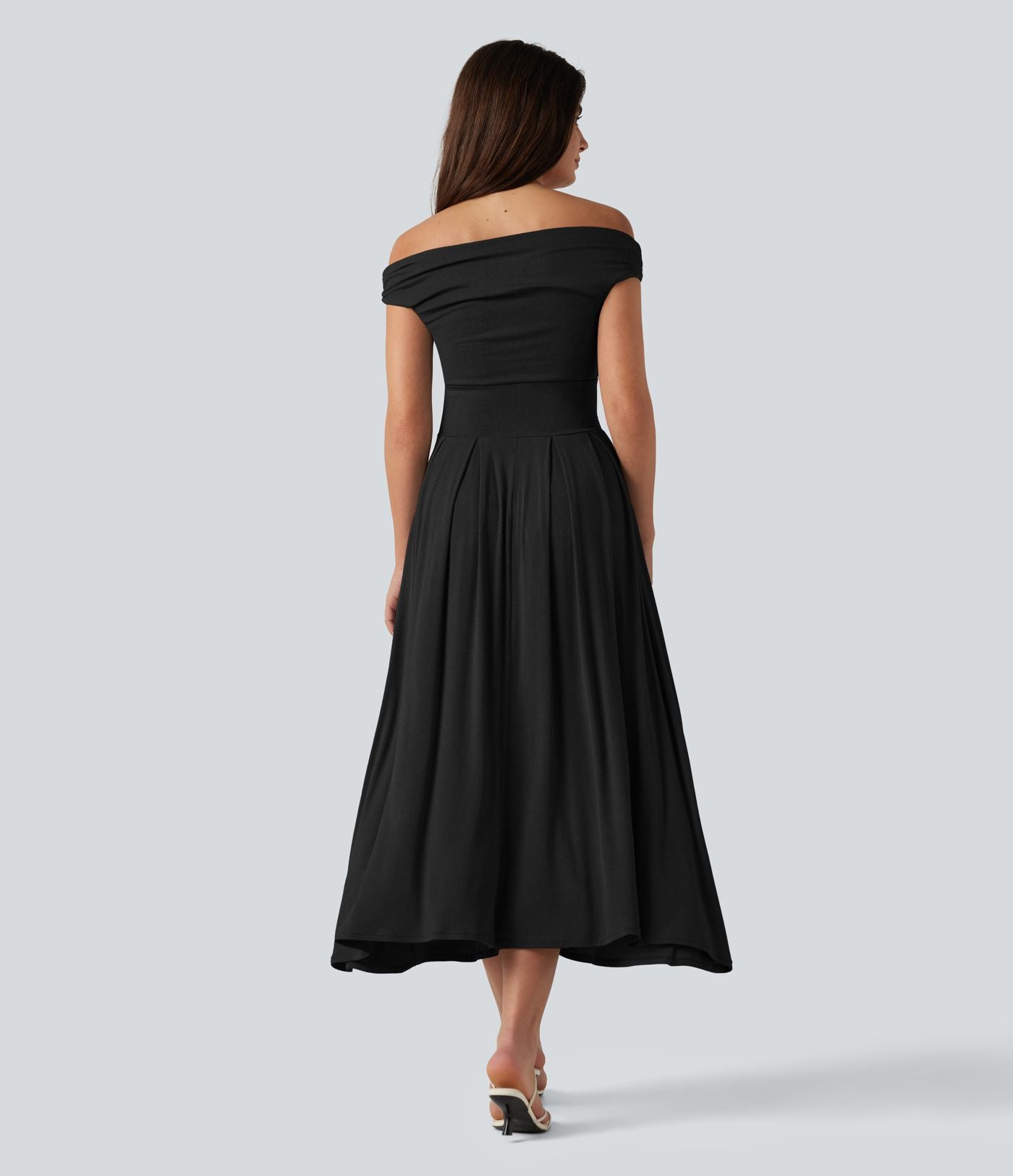 Robe midi casual fluide côtelée gainante à épaules dénudées