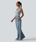 Jean de survêtement décontracté à rayures en tissu éponge français imprimé denim taille mi-haute avec poches