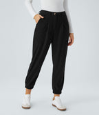 Pantalon décontracté en velours côtelé avec taille mi-haute, boutons et fermeture éclair