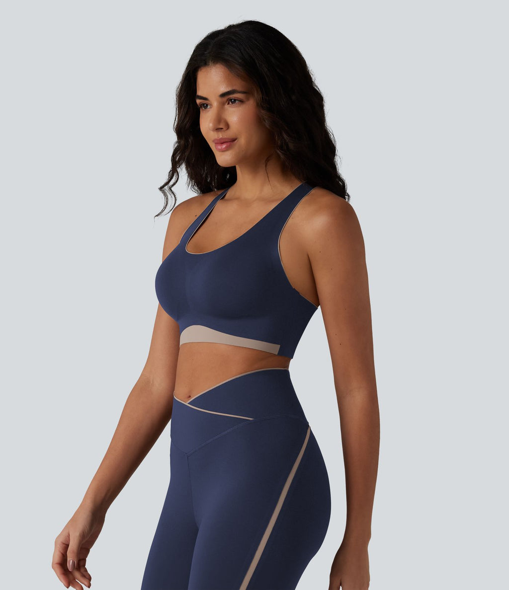 Brassière de sport maintien léger col U dos nageur color block avec soutien-gorge intégré