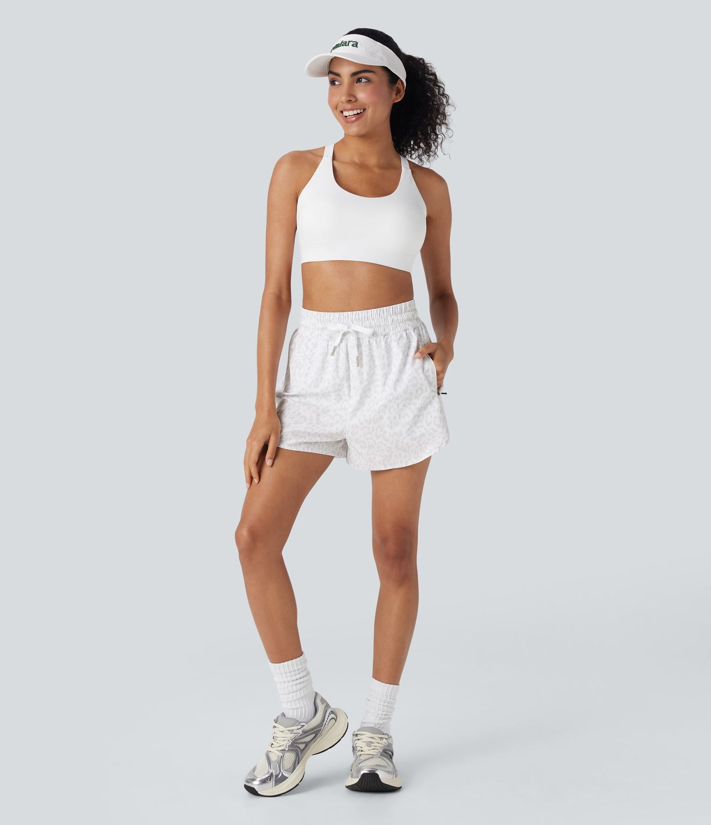 Short de jogging 2-en-1 taille haute avec cordon à imprimé léopard et ourlet incurvé avec poches