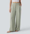 Pantalon large et fluide aspect lin taille haute, boutonné avec poches