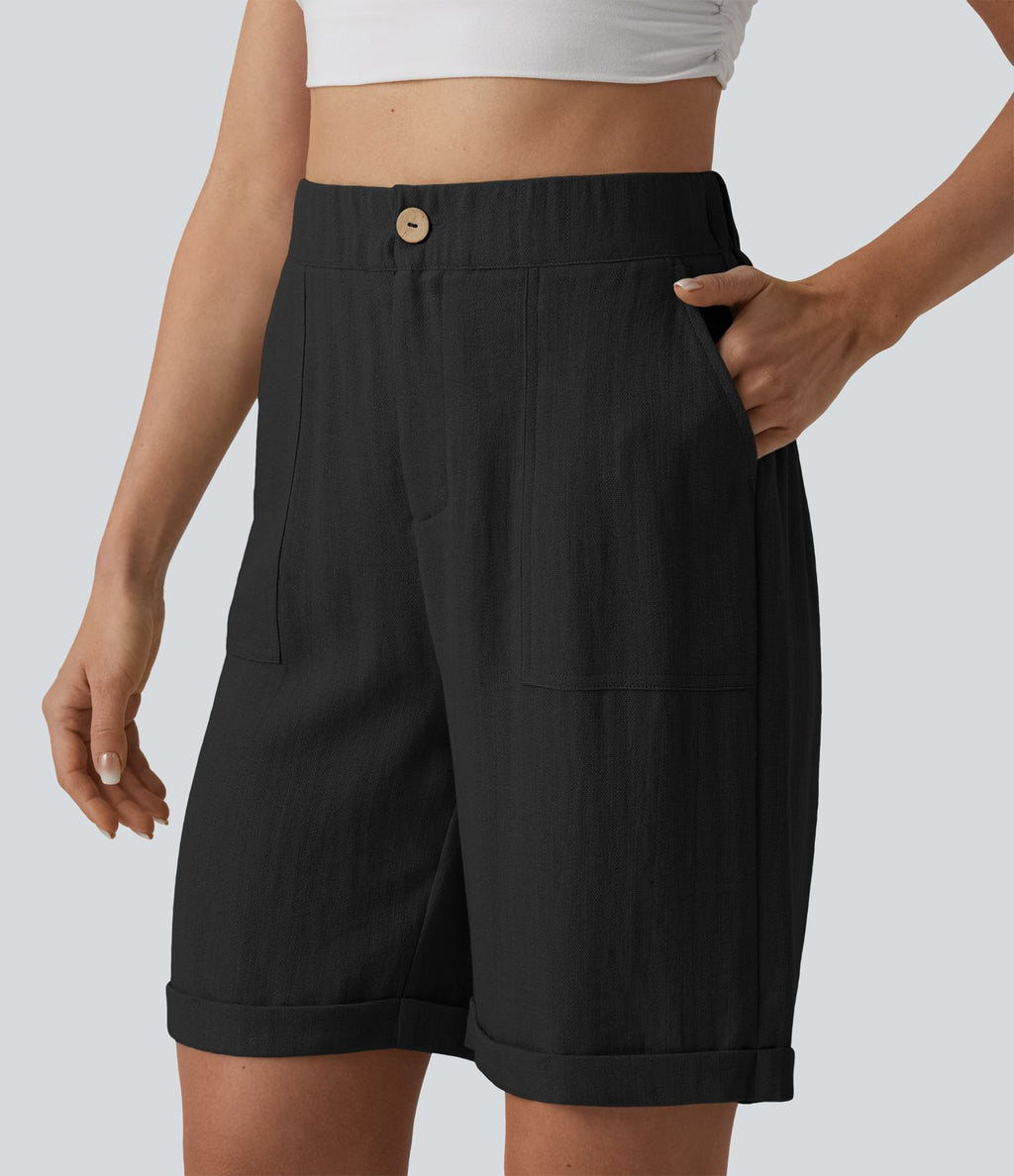 Bermuda casual taille haute aspect lin ourlet roulotté avec poches