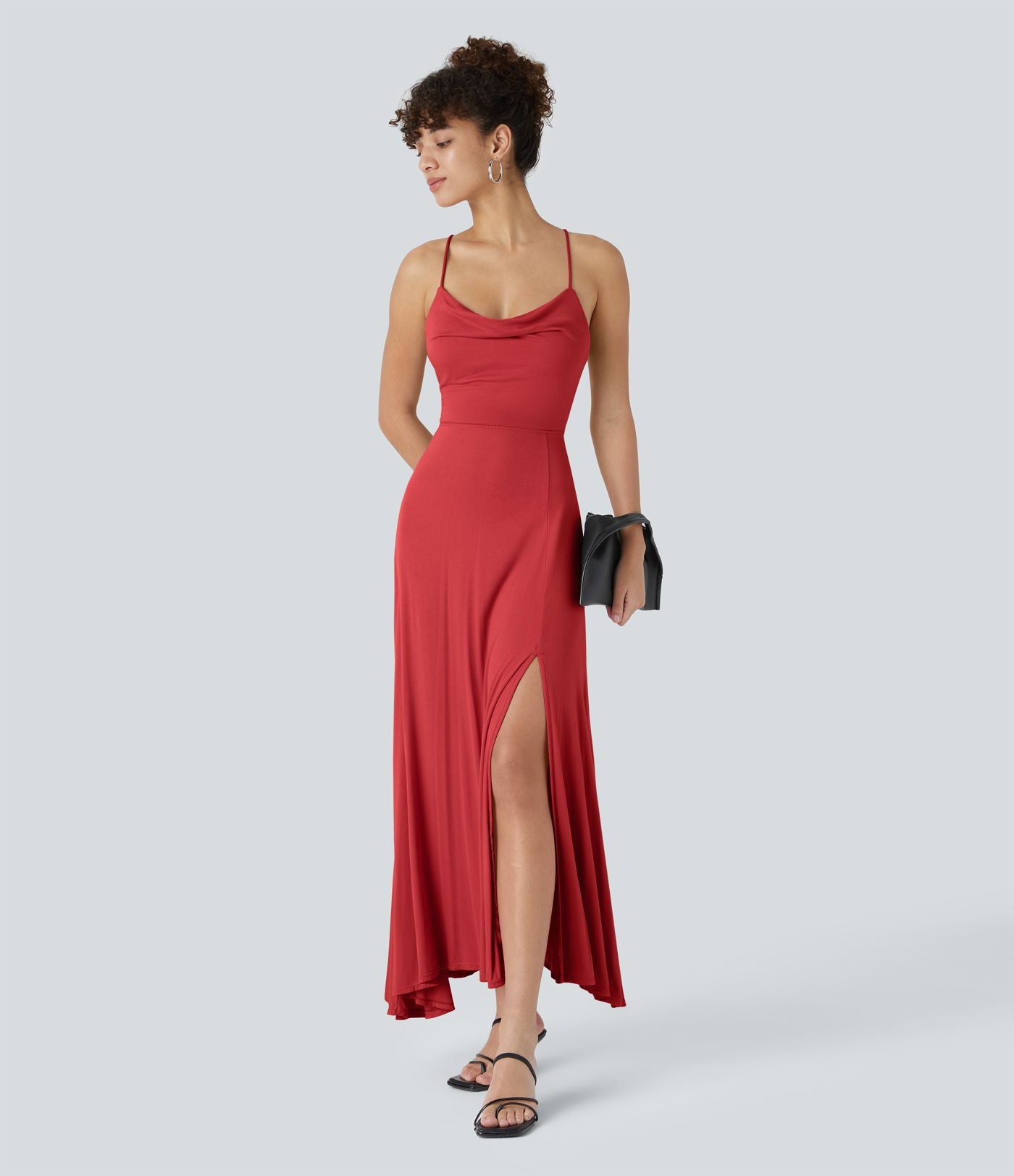 Robe Soirée Midi Encolure Côtelée Dos Nu Lacets Croisés Fendue