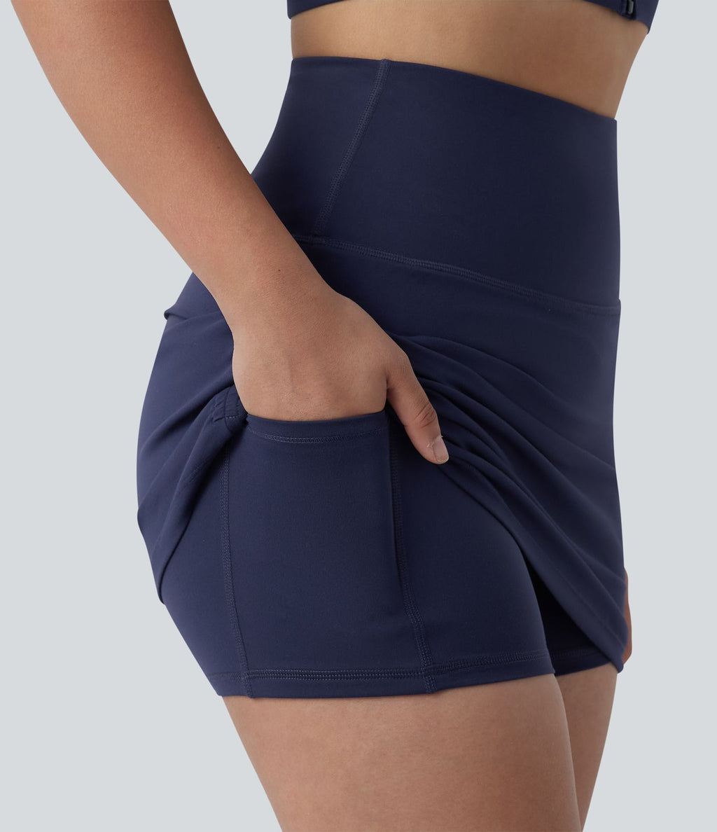 SoftlyZero™ Jupe de tennis mini moulante 2-en-1 ventre plat taille haute froncée avec poches - UPF50+