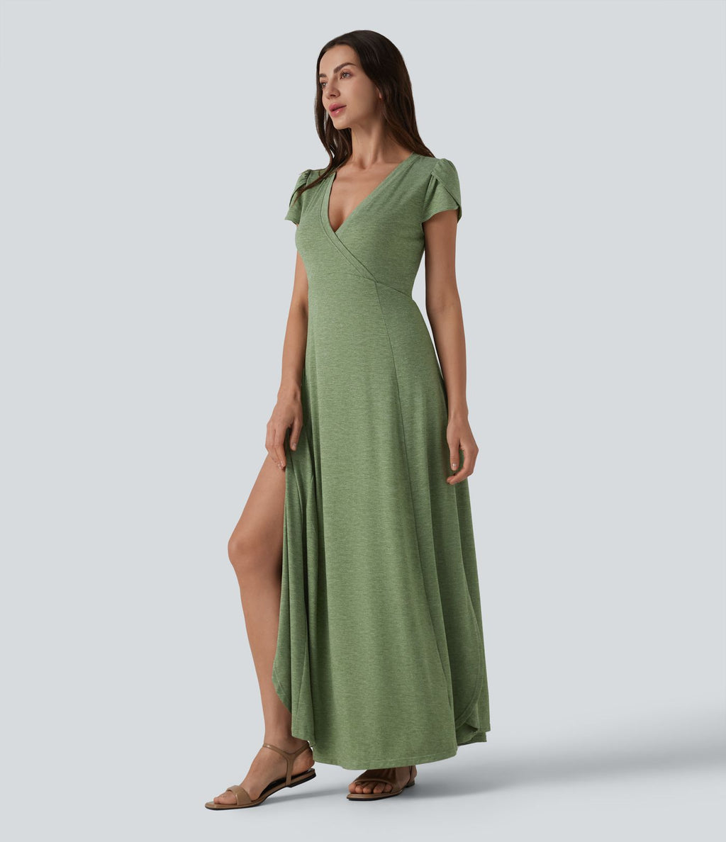 Robe longue fluide col V manches courtes