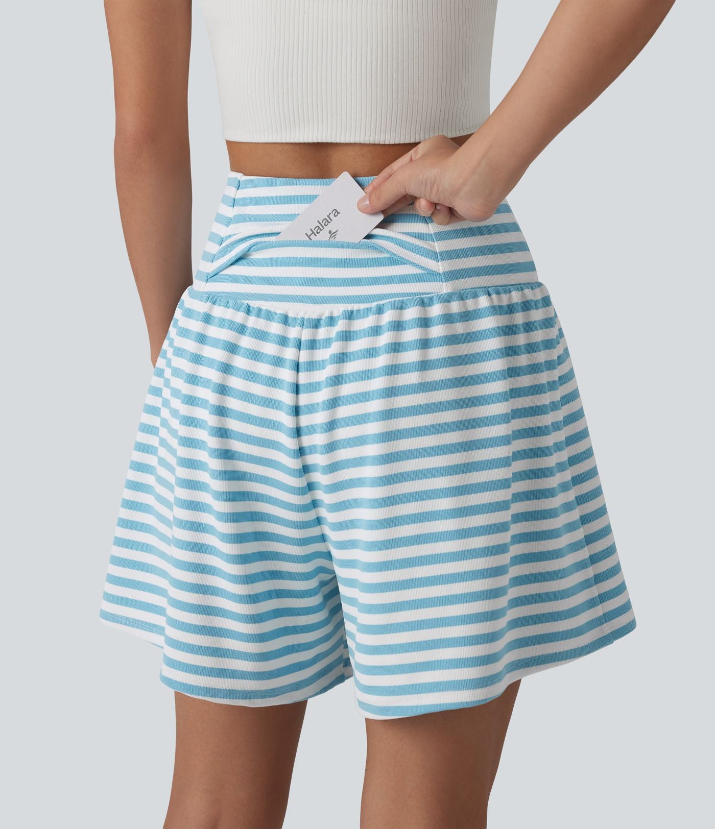 Short casual 2-en-1 à rayures en tissu gaufré taille haute 12,5 cm avec poches