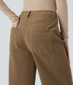 Pantalon large décontracté en velours côtelé taille haute avec poches
