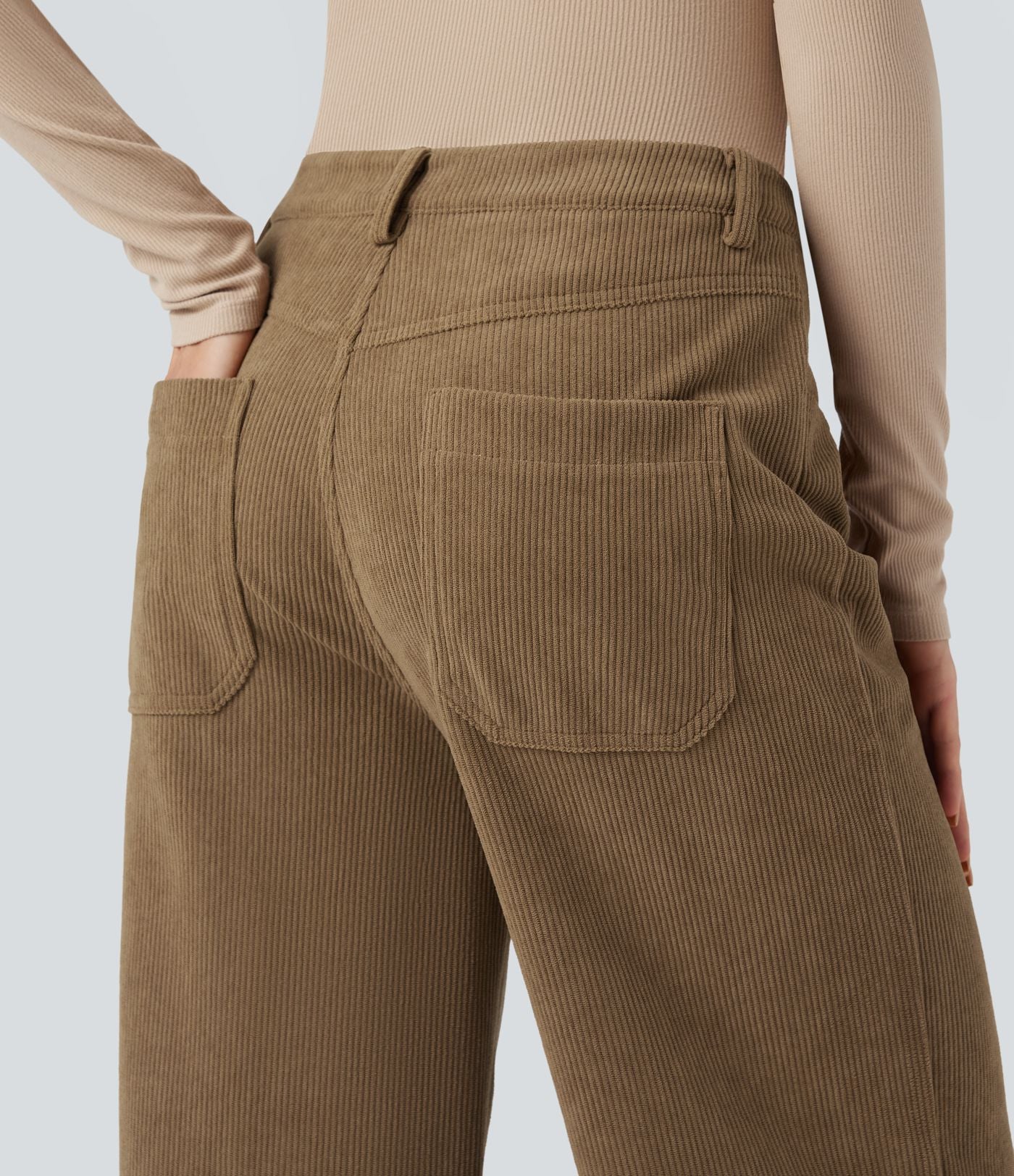 Pantalon large décontracté en velours côtelé taille haute avec poches