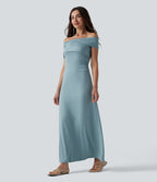 Robe casual maxi froncée à épaules dénudées avec lien noué dans le dos