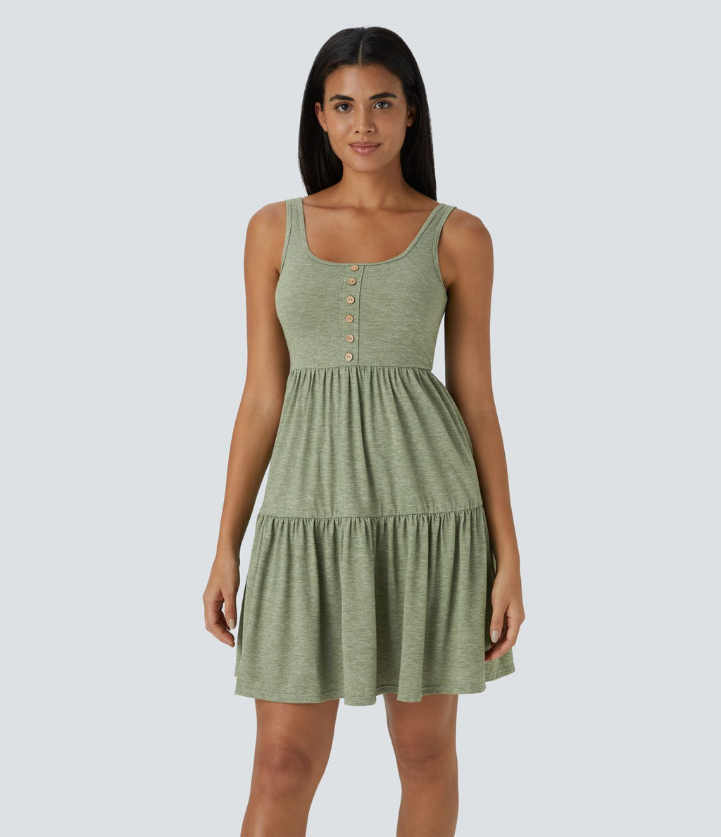 Robe Mini Vacance Fluide à Encolure en U Dos Nu avec Boutons Ourlet Volanté Plissé