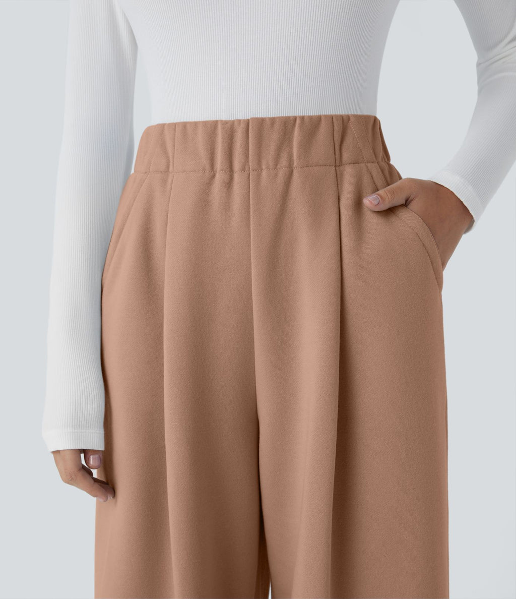 Pantalon Jogging Thermique Taille Haut Jambes Larges Poche Latérale Plissée en Fleece