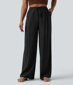 Pantalon casual ample taille haute aspect lin à cordon de serrage avec poches