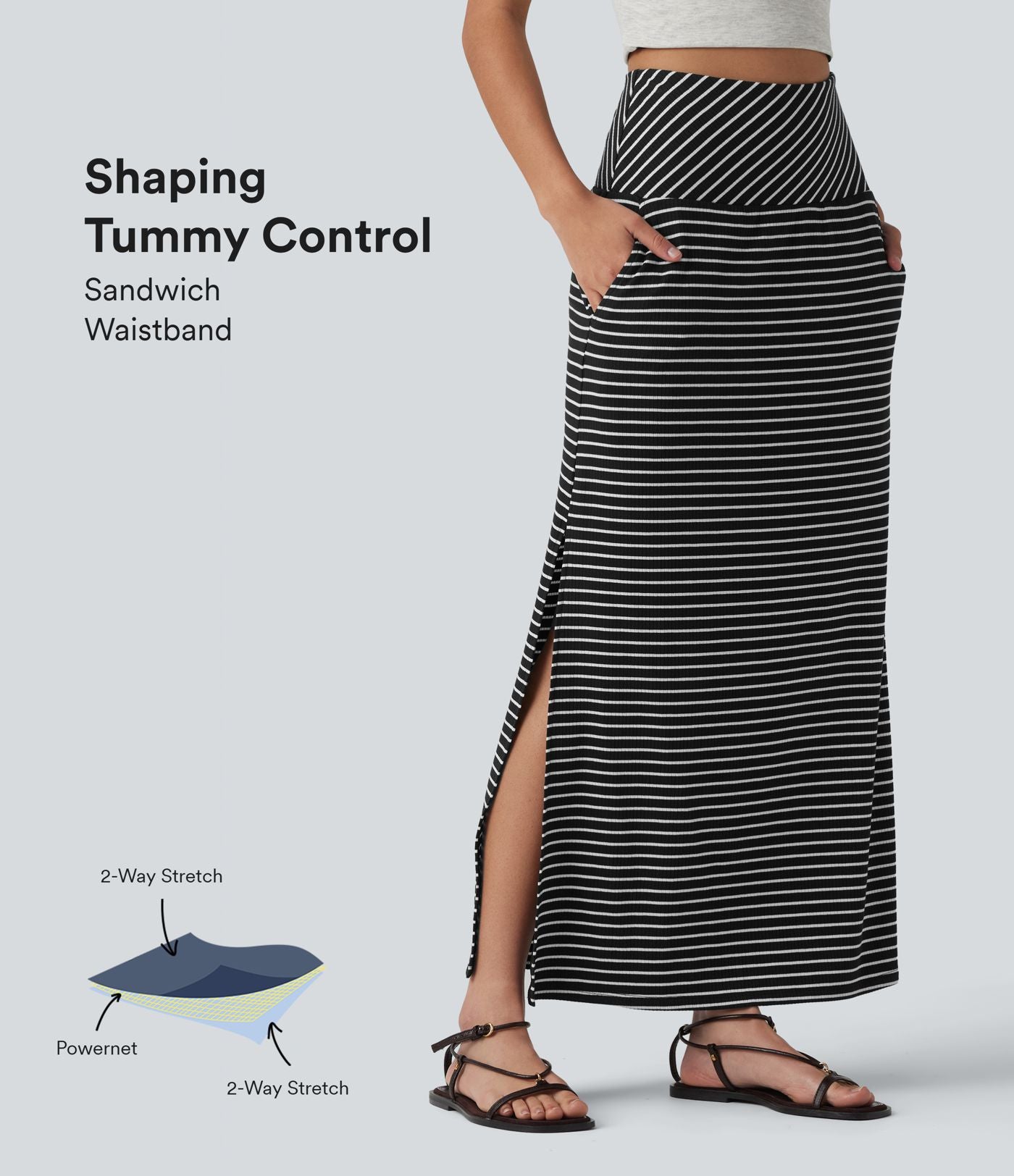 Jupe longue casual gainante taille haute à rayures et fente avec poches