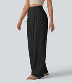 Pantalon détente  effet lin taille haute, cordon latéral avec poches