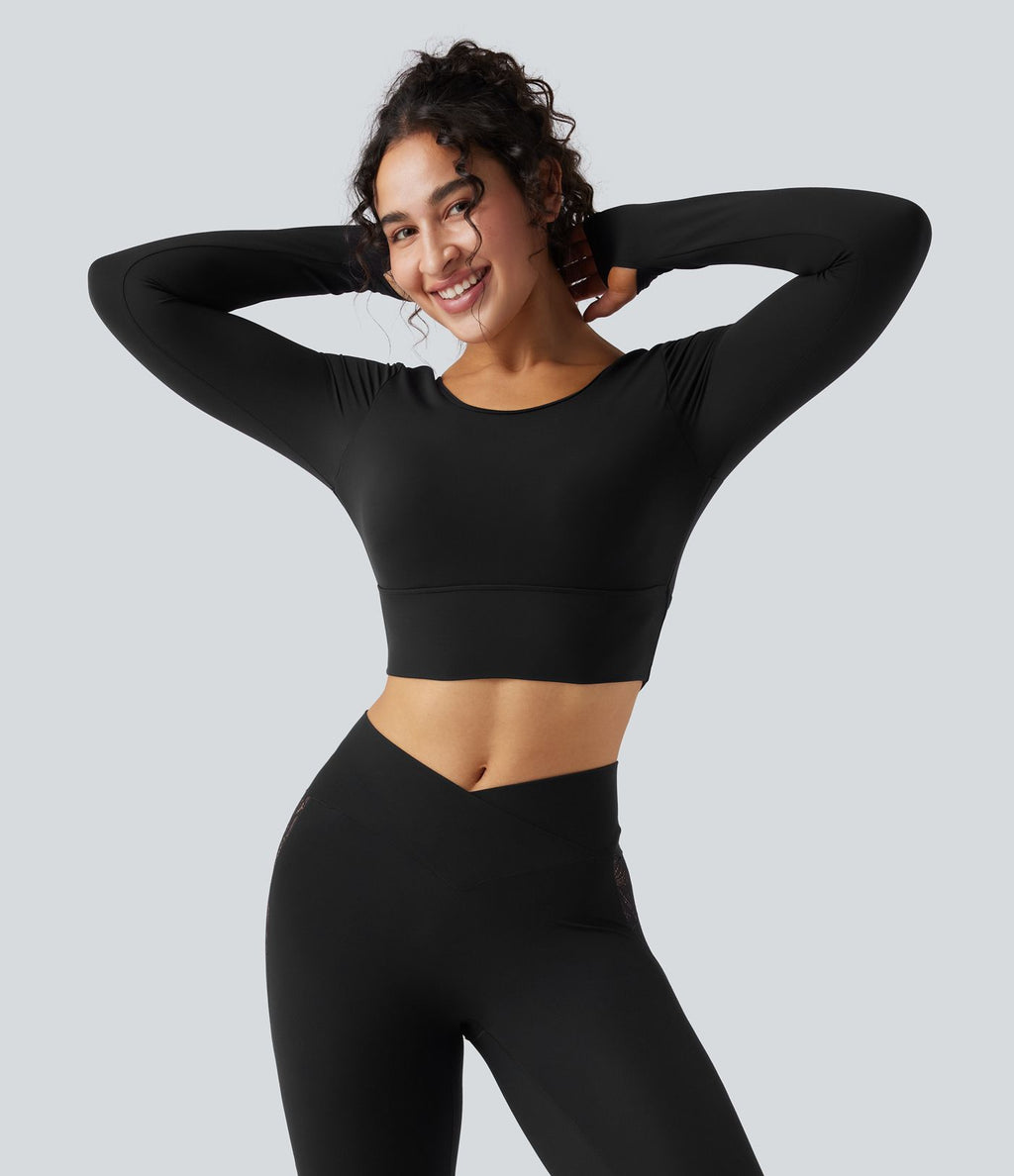 Haut de sport yoga court push-up à manches longues avec passants pouces et dentelle contrastée - UPF50+ SoftlyZero™