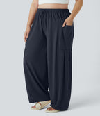 Pantalon Large Casual Taille Mi-Haute Taille Élastique Cordon Poches Latérales Ourlet Flottant Grande Taille