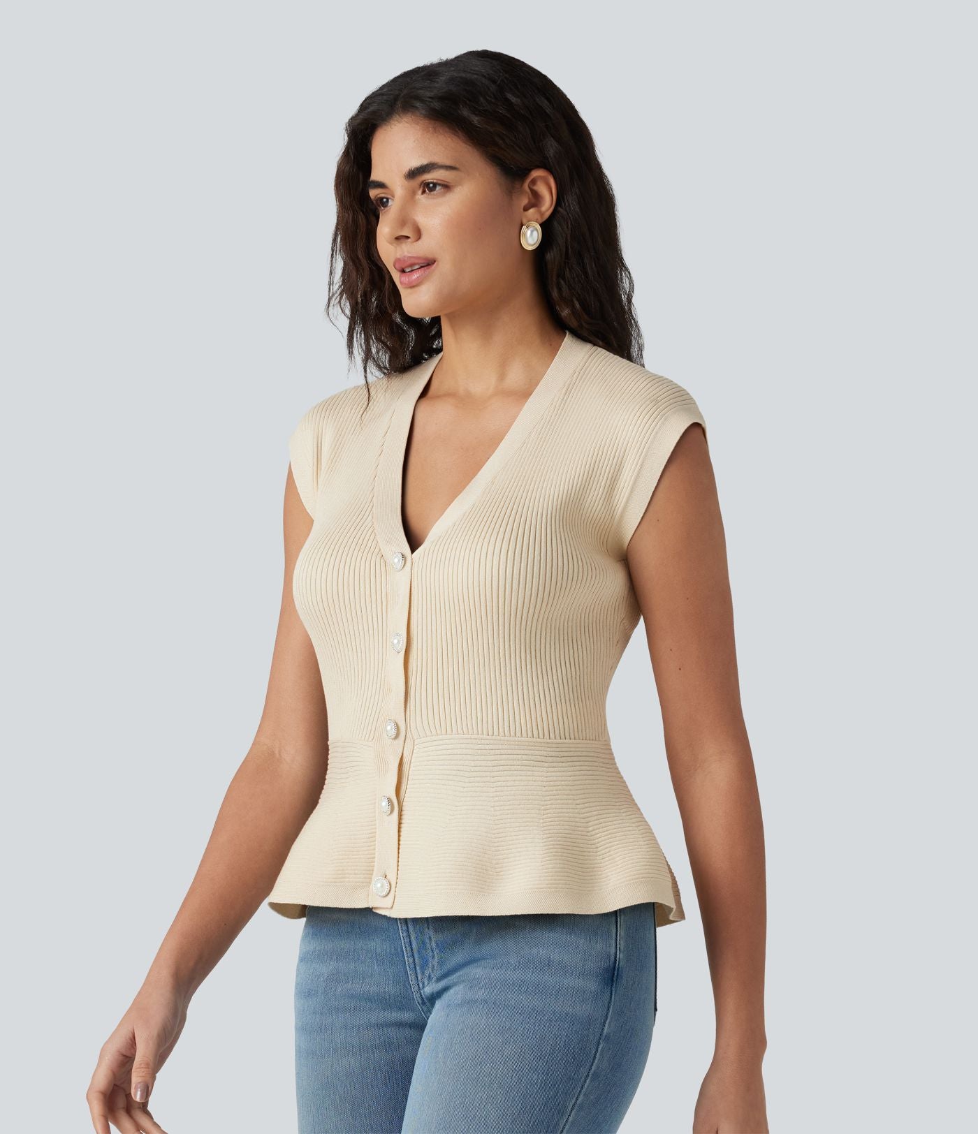 Cardigan péplum col V sans manches