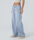 Halara Flex™ Jean Large Casual Taille Basse avec Boutons Zip Multiples Poches Lavés Élastiques et Tricotés