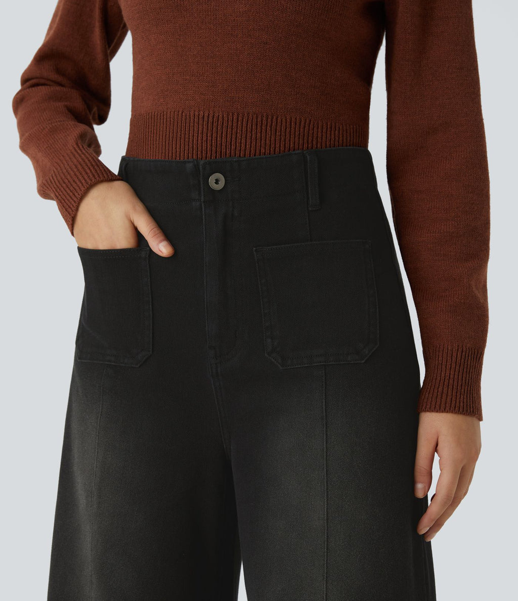 Halara Flex™ Jean large Palazzo et Taille Haute avec Poches Avant en Tricot Extensible Lavé