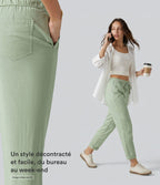 Pantalon ajusté décontracté taille mi-haute avec cordon de serrage, aspect lin extensible et poches
