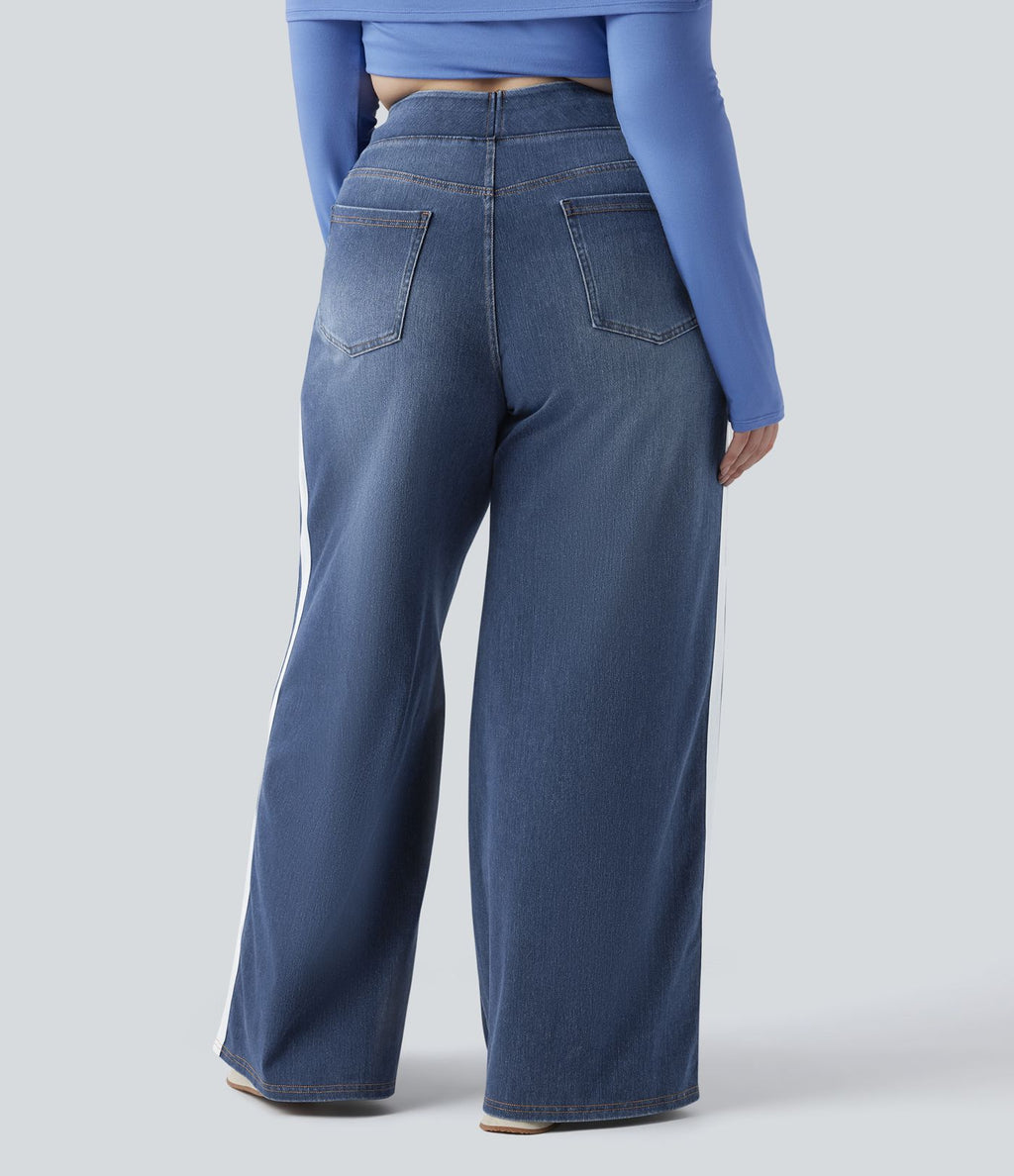 Halara Flex™ Jean large fluide taille haute à rayures délavé décontracté grande taille avec poches