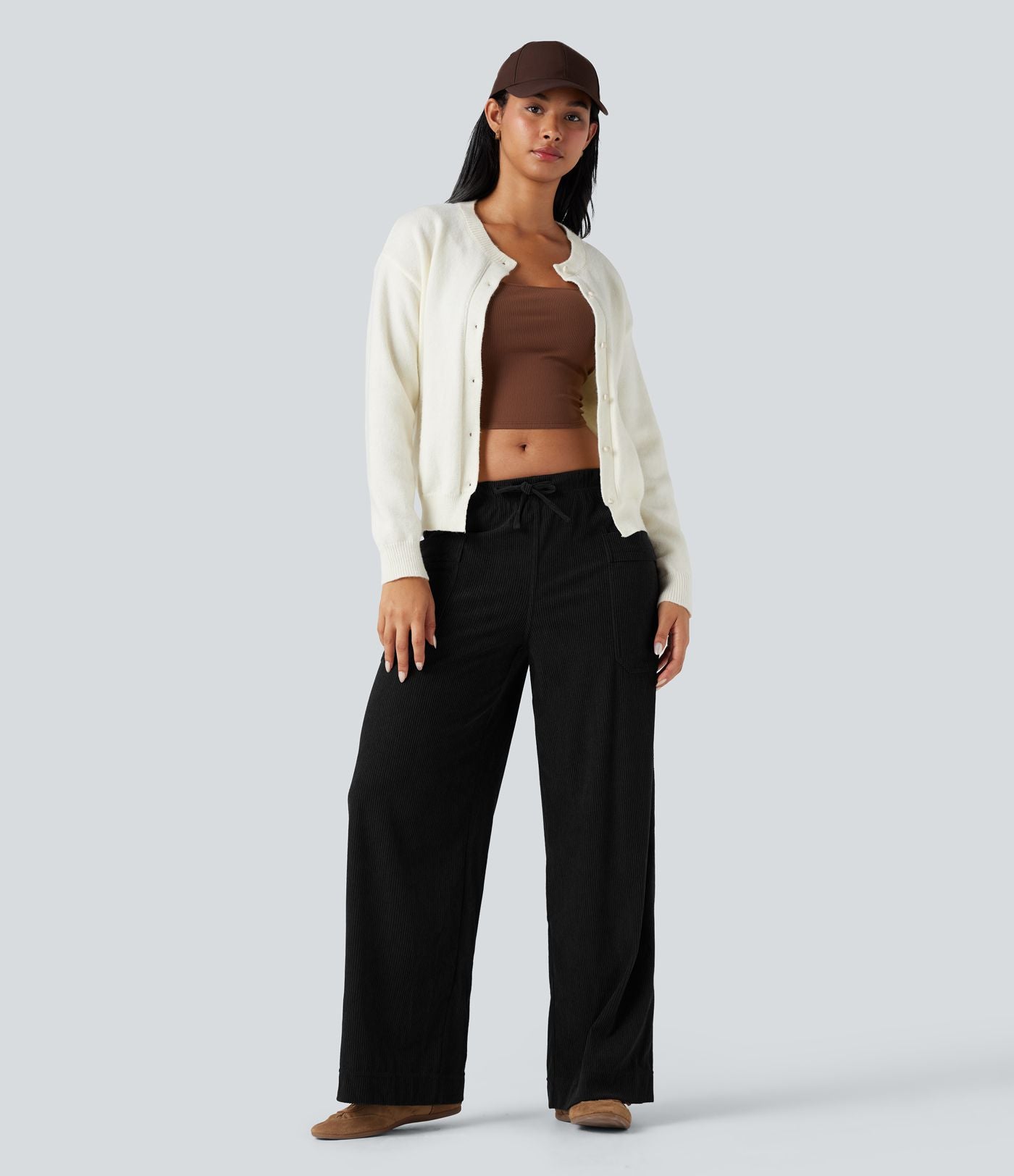 Pantalon décontracté large en velours côtelé, taille mi-haute, avec cordon et poches