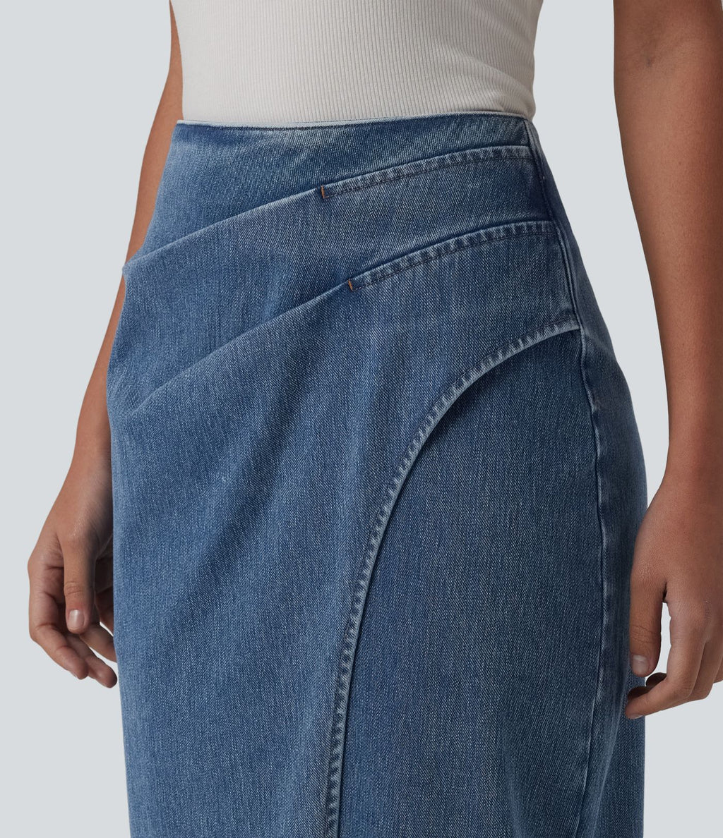 Halara Flex™ Jupe en Jean midi délavé taille haute avec zip dos, effet drapé et ourlet tulipe
