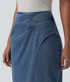 Halara Flex™ Jupe en Jean midi délavé taille haute avec zip dos, effet drapé et ourlet tulipe