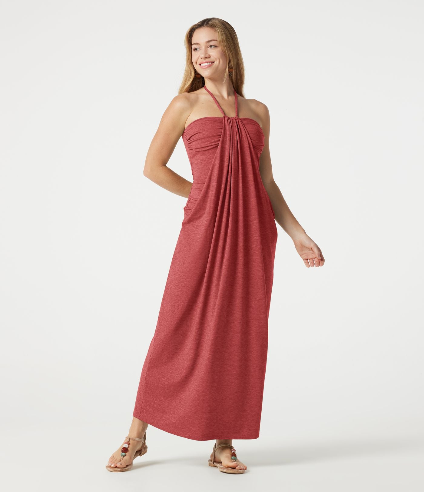 Robe longue chinée dos-nu à nouer, brassière intégrée, à poches