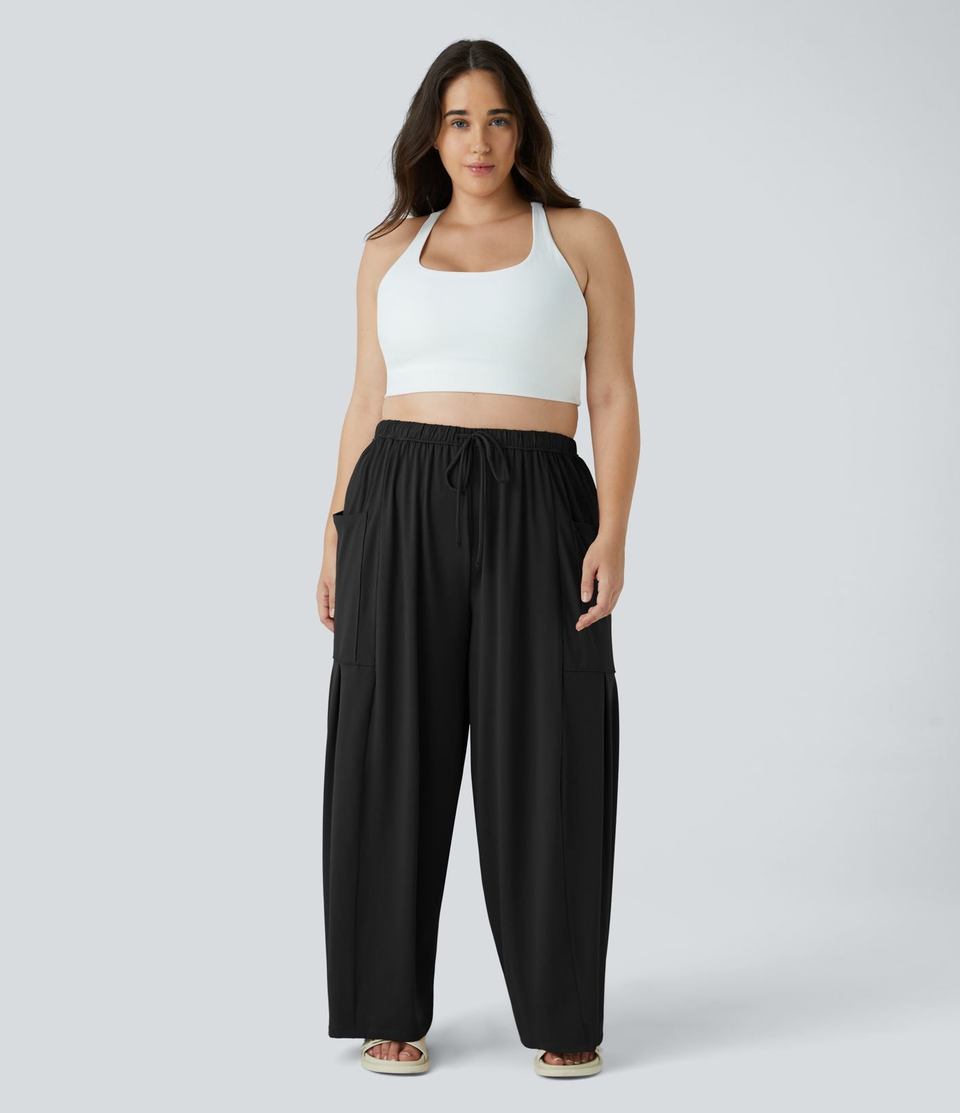 Pantalon Large Casual Taille Mi-Haute Taille Élastique Cordon Poches Latérales Ourlet Flottant Grande Taille