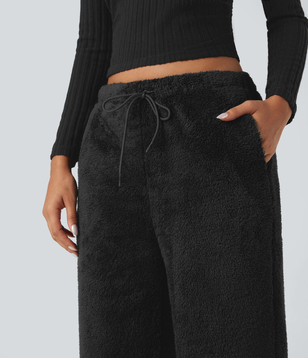 Pantalon coupe droite teddy taille mi-haute avec cordon de serrage et poches