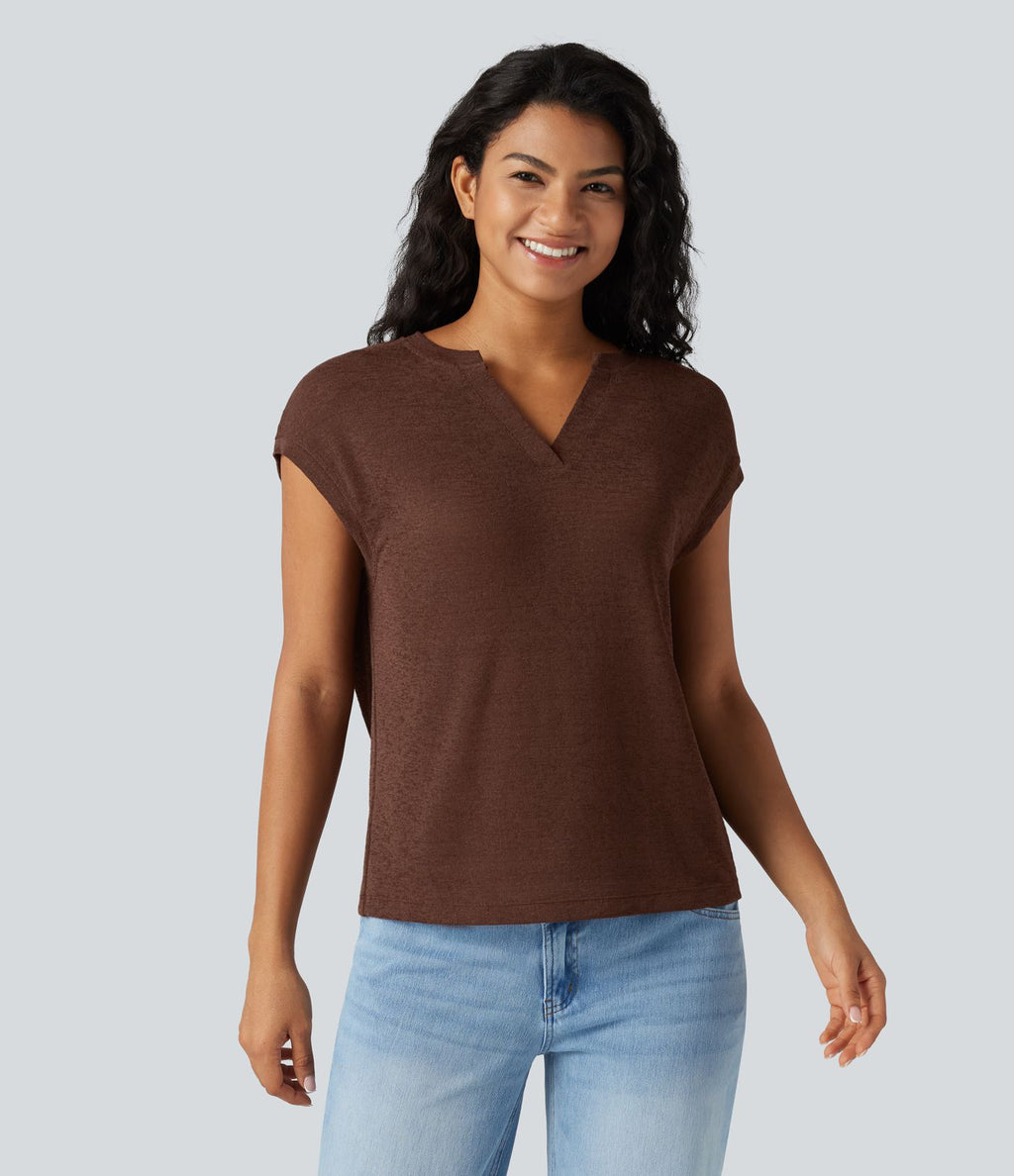 T-shirt décontracté semi-transparent col cranté manches courtes