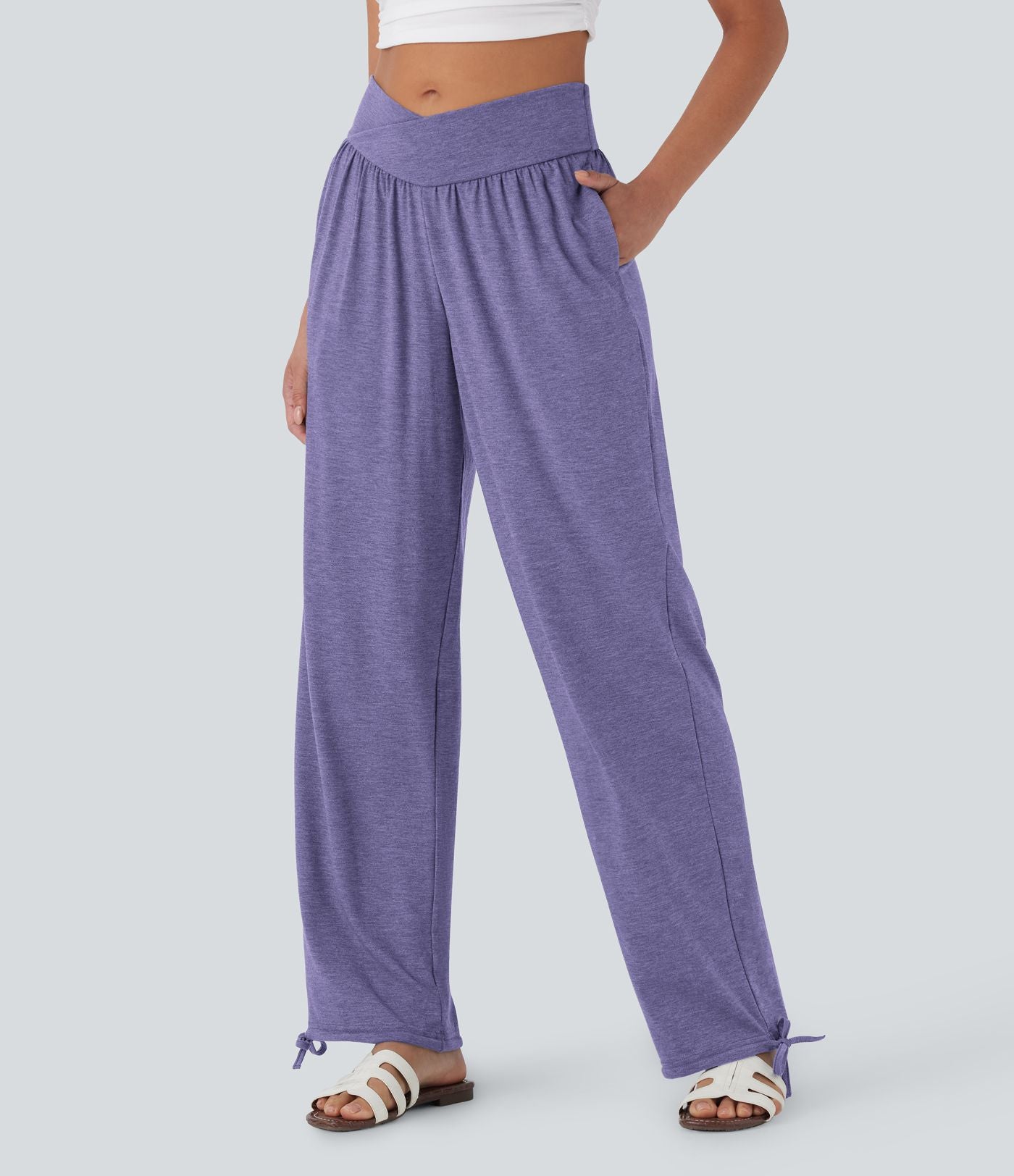 Pantalon de jogging décontracté à taille haute croisée avec poches latérales et cordon de serrage