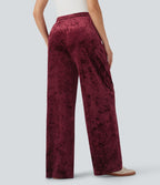 Pantalon décontracté velours jambe large taille mi-haute avec cordon de serrage et poches