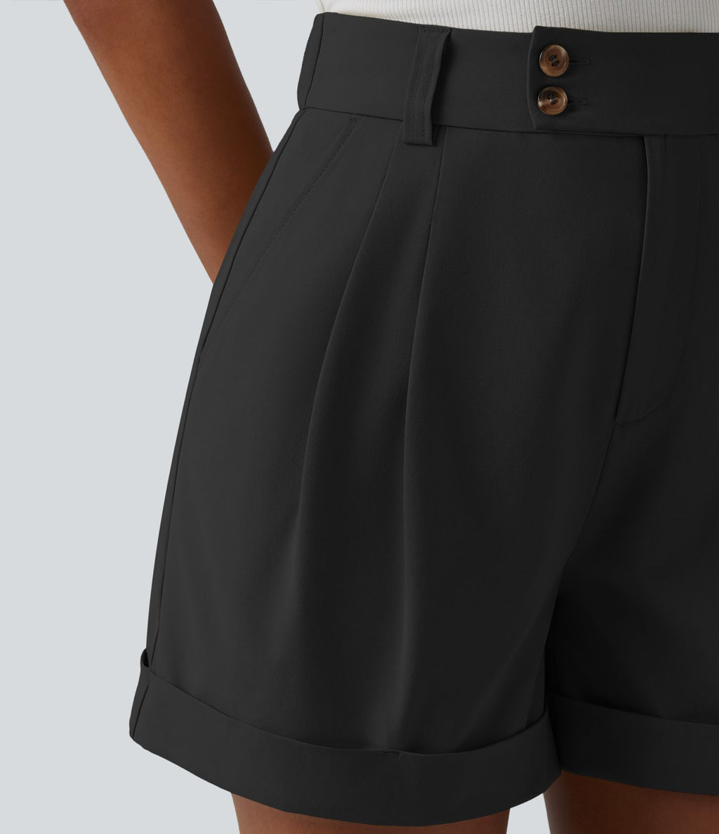 Short tailleur large en popeline stretch plissé taille haute avec ourlet roulotté et poches