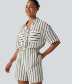 Combinaison-chemise décontractée rayée à manches courtes avec poches