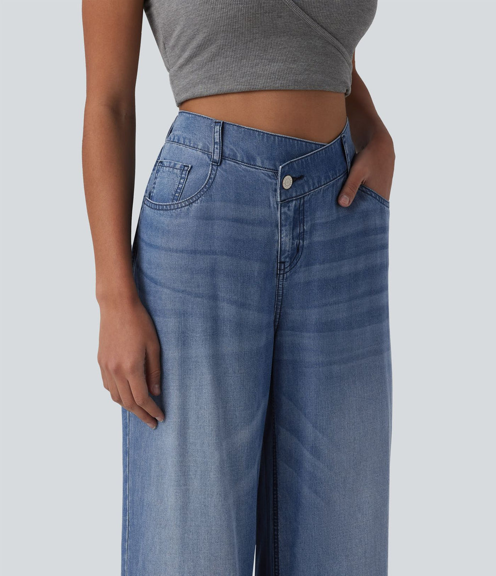 Jean large décontracté asymétrique en lyocell taille mi-haute drapé avec poches