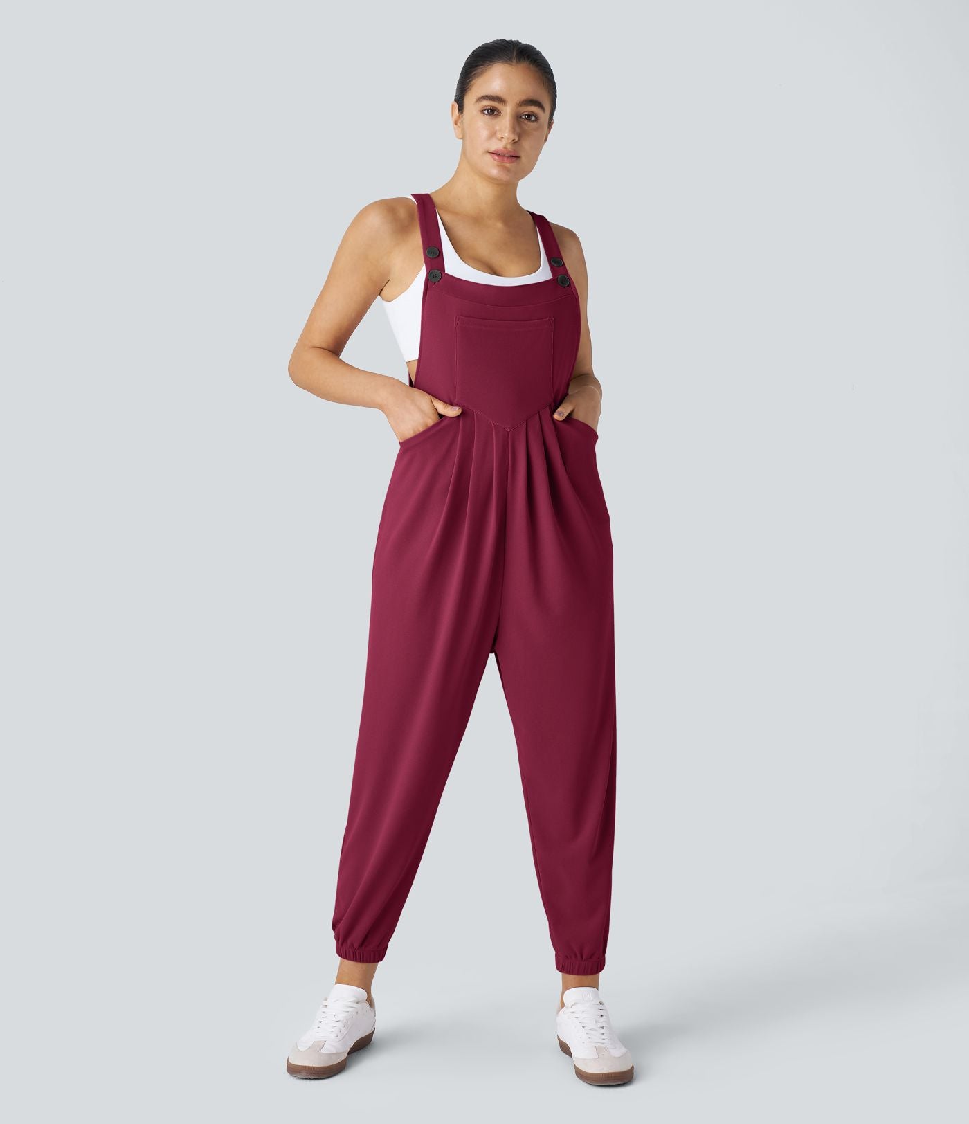 Salopette Casual Bretelles Ajustables Boutonnés Multiples Poches Plis et Tissu Gaufré