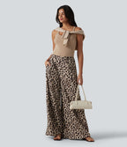 Pantalon large casual taille haute imprimé léopard, avec poches
