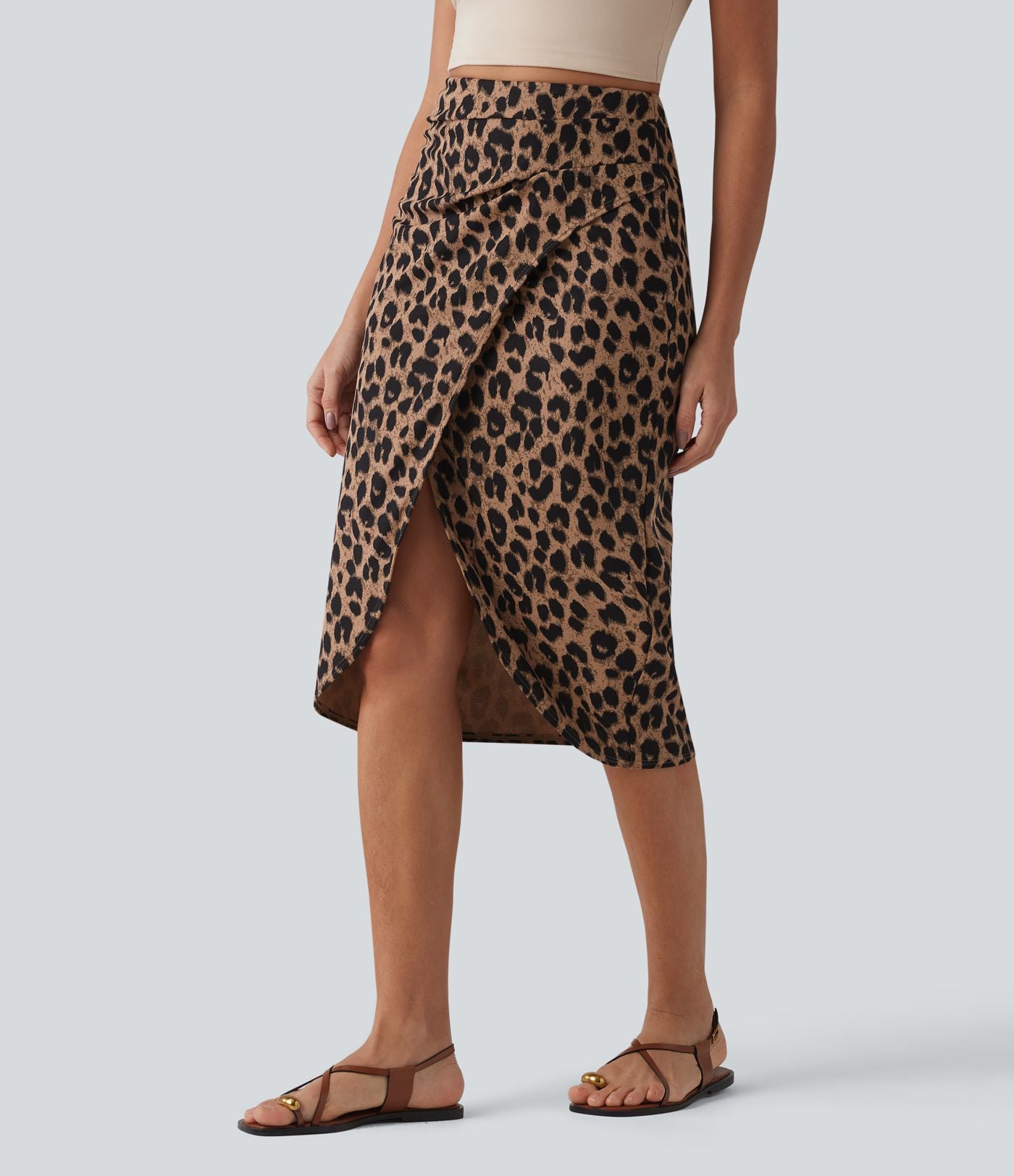 Jupe midi casual tulipe taille haute froncée en tissu gaufré imprimé léopard