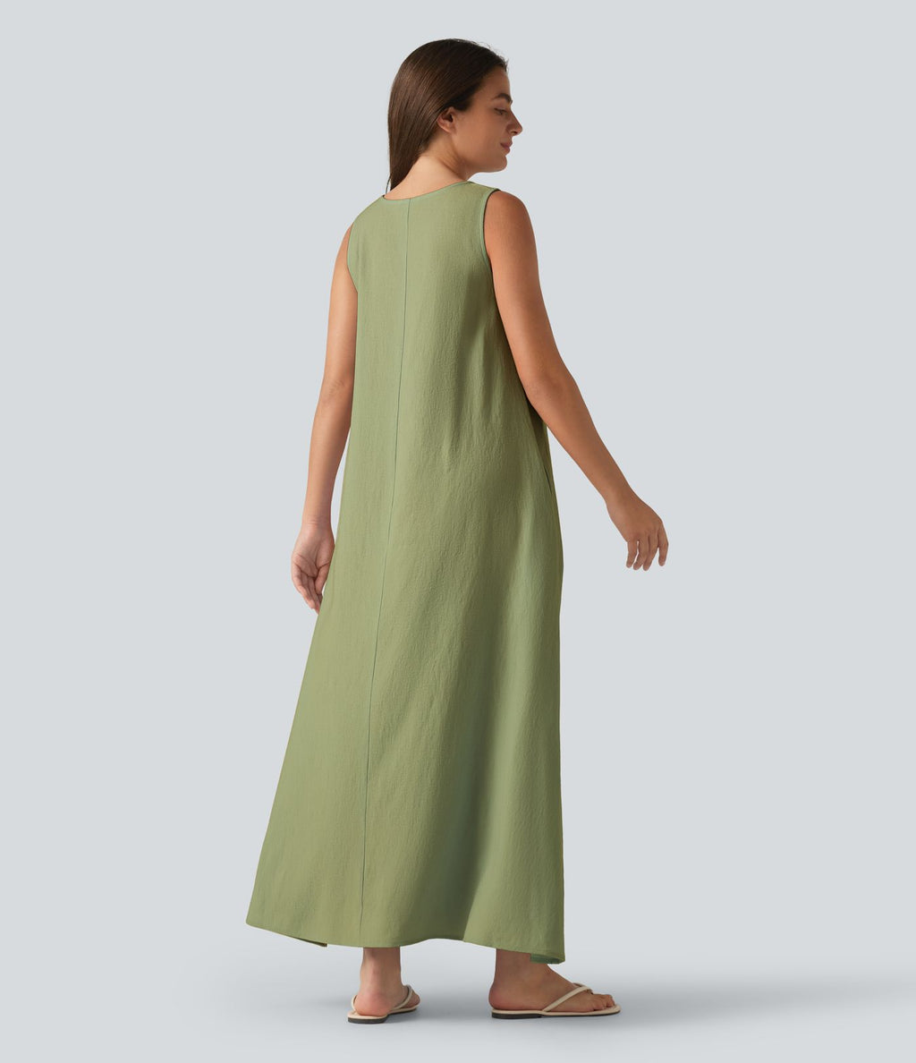 Robe débardeur midi unie sans manches à col rond et poches