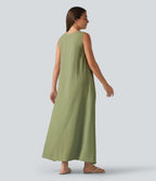 Robe débardeur midi unie sans manches à col rond et poches