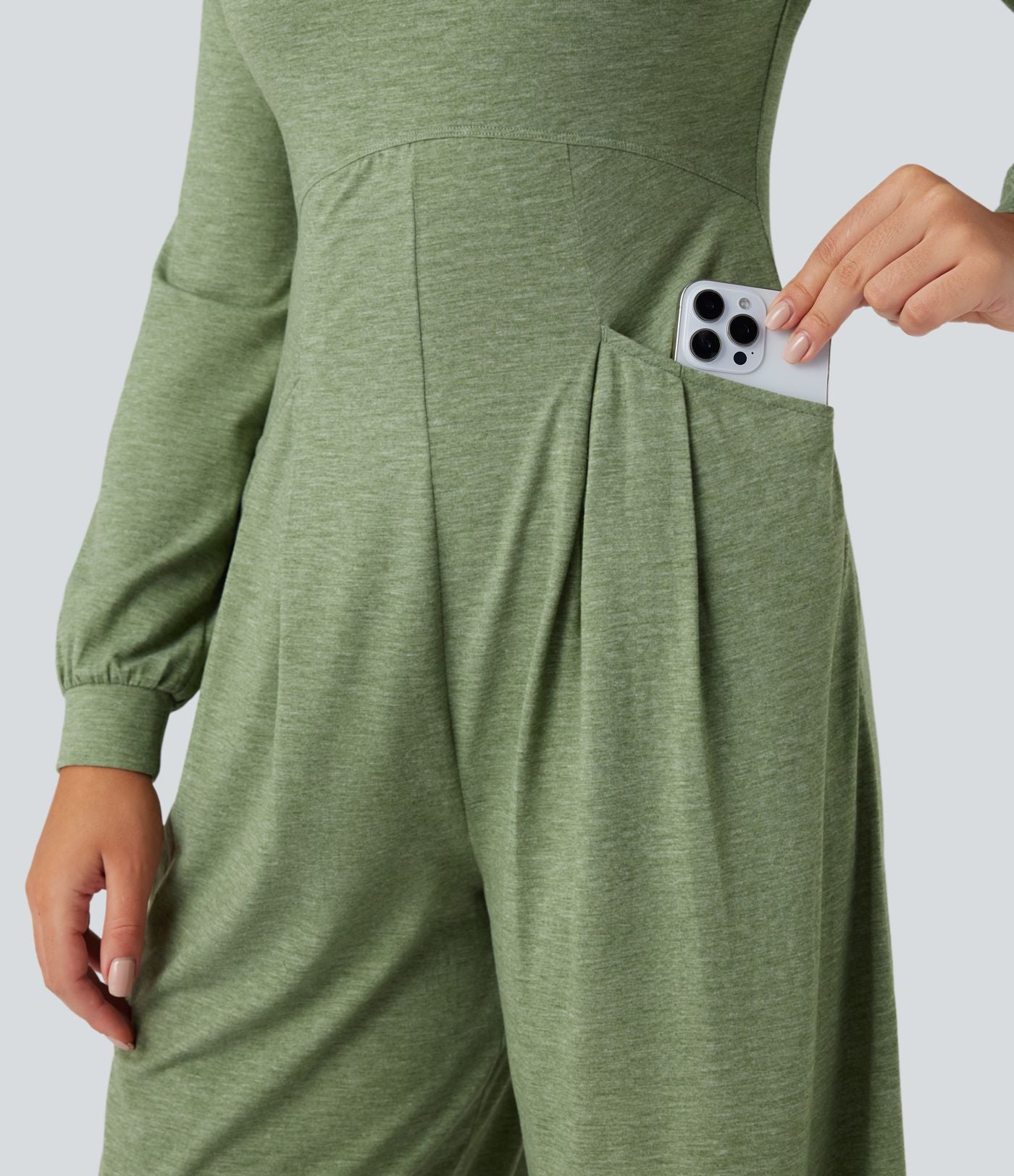 Combinaison-pantalon ample décontractée dos nu col rond à manches longues avec poches