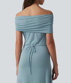 Robe casual maxi froncée à épaules dénudées avec lien noué dans le dos