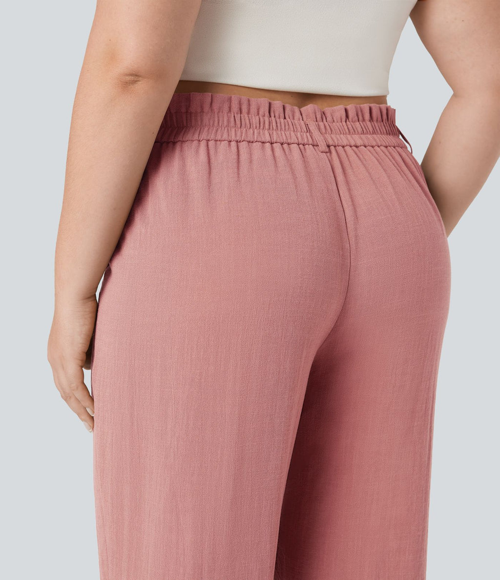 Pantalon de villégiature capri effet lin, grande taille, taille haute, avec poches
