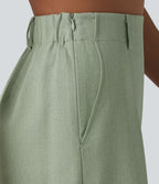 Bermuda ample infroissable taille haute plissé aspect lin avec fermeture éclair invisible et poches