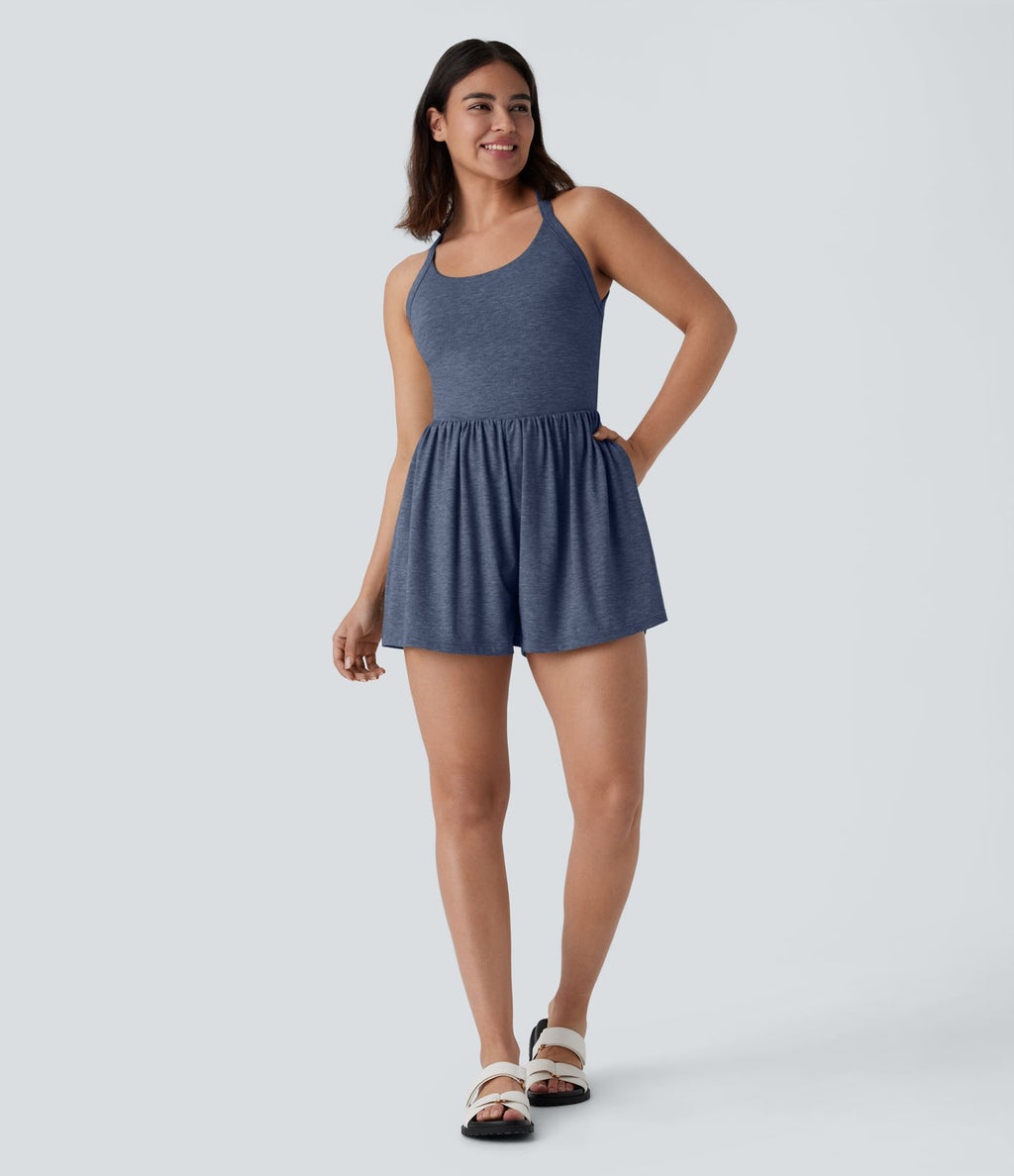 Combishort de villégiature 2-en-1 à dos nu, design torsadé, poches latérales - Édition Easy Peasy